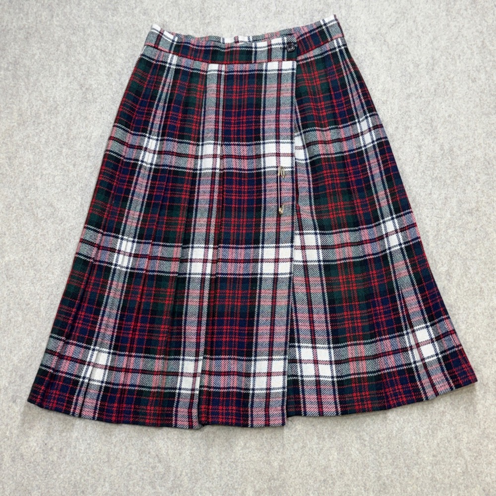 Haberdasher Tartan Plaid Wrap Skirt Sz XS Red Blue Dark Academia Preppy Kilt Pin